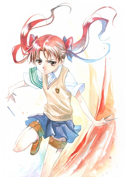 Anime picture 650x919 with to aru kagaku no railgun j.c. staff shirai kuroko agahari single long hair tall image white background twintails brown eyes red hair from above wind fighting stance traditional media watercolor (medium) girl uniform bow weapon