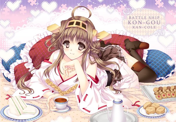 Anime picture 1200x835 with kantai collection kongou battleship tamiya akito long hair looking at viewer blush brown hair brown eyes ahoge traditional clothes nontraditional miko girl hair ornament detached sleeves heart pillow thigh boots cup cookie (cookies)