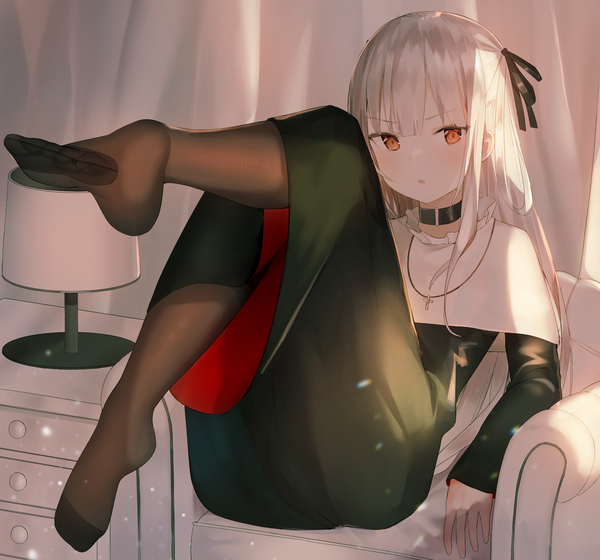 Anime picture 2508x2343 with original idemitsu single long hair looking at viewer blush fringe highres open mouth red eyes sitting full body bent knee (knees) white hair blunt bangs no shoes leg lift (legs lift) nun girl ribbon (ribbons)