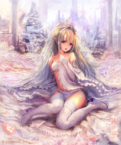 Anime picture 1706x2048 with shingeki no bahamut aria (shingeki no bahamut) tachikawa mushimaro (bimo) single long hair tall image looking at viewer blush highres light erotic blonde hair sitting pointy ears blurry high heels depth of field watermark winter snow transparent