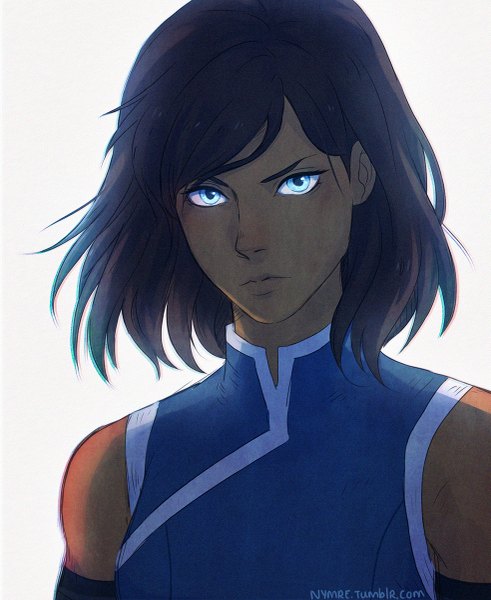 Anime picture 983x1200 with avatar: the legend of korra korra nymre single tall image looking at viewer fringe short hair blue eyes simple background brown hair white background bare shoulders signed traditional clothes head tilt japanese clothes wind lips sleeveless