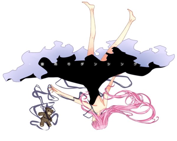 Anime picture 2000x1600 with vocaloid megurine luka mozukugumi (artist) single long hair highres simple background white background pink hair upside down girl dress black dress teddy bear