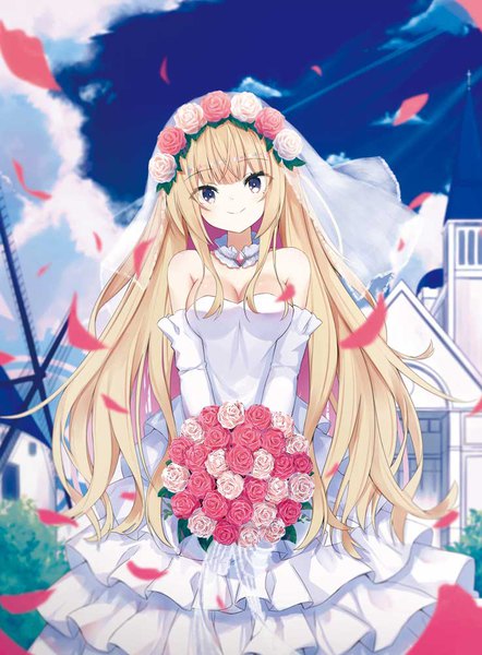 Anime picture 737x1000 with original kavka single long hair tall image looking at viewer fringe breasts blonde hair smile bare shoulders sky cleavage cloud (clouds) head tilt silver eyes girl dress flower (flowers) petals