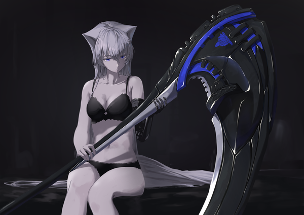 Anime picture 3070x2171 with original mikisai single fringe highres breasts blue eyes light erotic sitting holding animal ears looking away absurdres cleavage silver hair very long hair underwear only dark background spot color girl