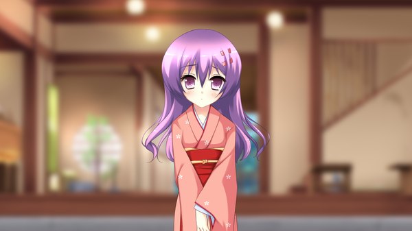Anime picture 1280x720 with kamigakari cross heart! shiosaki hijiri long hair blush wide image purple eyes game cg purple hair japanese clothes girl kimono obi