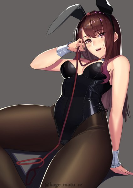 Anime picture 1447x2046 with original kagematsuri single long hair tall image looking at viewer blush fringe breasts light erotic simple background hair between eyes brown hair sitting bare shoulders holding brown eyes signed animal ears payot