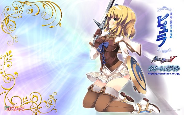 Anime picture 1920x1200 with soulcalibur pyrrha alexandra refeia single highres short hair blonde hair wide image green eyes profile girl thighhighs skirt weapon sword shield