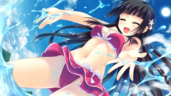 Anime picture 2048x1152 with guardian place skyfish (studio) suminoin ouka saeki hokuto long hair blush highres breasts light erotic smile wide image sky cloud (clouds) eyes closed hair flower girl navel hair ornament flower (flowers) swimsuit