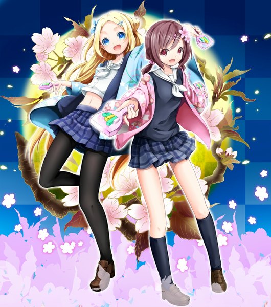 Anime picture 1000x1133 with hanayamata madhouse hana n. fontainestand sekiya naru long hair tall image looking at viewer short hair blue eyes blonde hair purple eyes multiple girls purple hair girl skirt navel uniform 2 girls school uniform petals