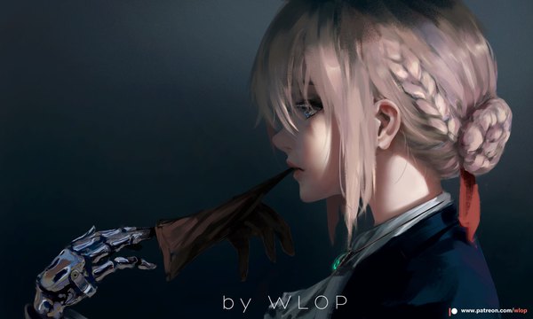 Anime picture 1700x1020 with violet evergarden kyoto animation violet evergarden (character) wlop single fringe short hair blue eyes simple background blonde hair hair between eyes wide image holding signed payot looking away upper body braid (braids) profile lips