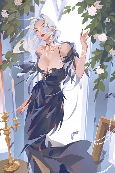 Anime picture 800x1200 with original tamias single long hair tall image breasts light erotic large breasts yellow eyes cleavage white hair nail polish fingernails lipstick looking up long fingernails red lipstick red nail polish girl dress