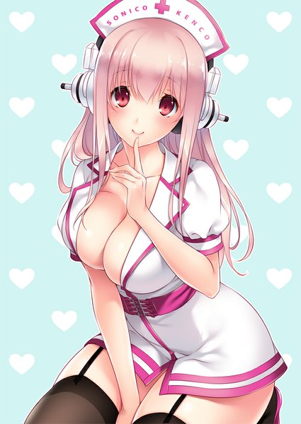 Anime picture 708x1000 with nitroplus super sonico ayase hazuki single long hair tall image blush breasts light erotic smile red eyes large breasts pink hair finger to mouth nurse girl thighhighs black thighhighs headphones nurse cap