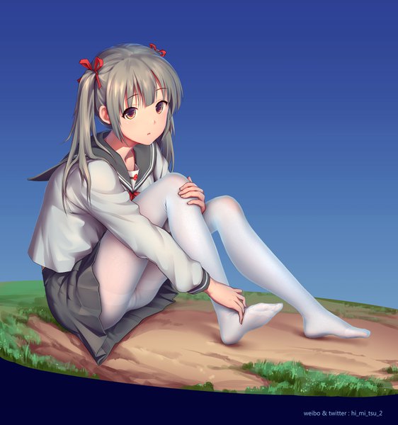 Anime picture 1500x1600 with original tokinohimitsu single long hair tall image fringe light erotic sitting twintails looking away full body parted lips grey hair no shoes multicolored eyes hair over shoulder hand on knee surprised girl uniform