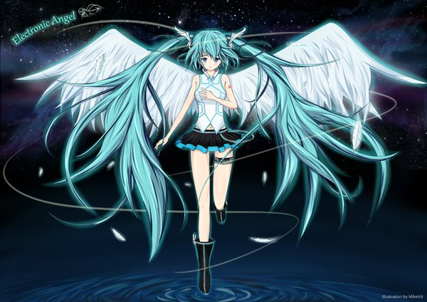 Anime picture 3507x2480 with vocaloid hatsune miku mike vd single long hair blush highres blue eyes standing twintails signed absurdres bent knee (knees) very long hair light smile aqua hair tattoo text standing on one leg english