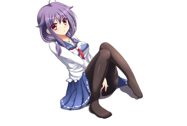 Anime picture 1336x900 with kantai collection taigei light aircraft carrier toid310 single long hair blush light erotic simple background white background purple eyes twintails purple hair full body ahoge bent knee (knees) parted lips pleated skirt low twintails between legs girl