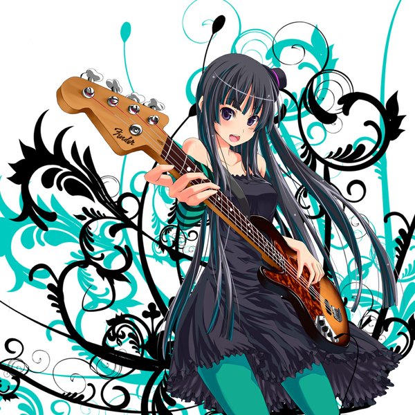 Anime picture 1000x1000 with k-on! kyoto animation akiyama mio unasaka ryou single long hair open mouth black hair black eyes girl dress hat guitar