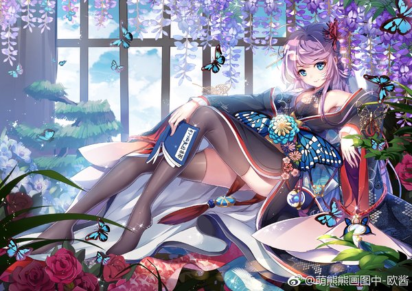Anime picture 1528x1080 with original k12io single long hair looking at viewer fringe breasts blue eyes holding signed payot purple hair full body bent knee (knees) traditional clothes japanese clothes hair flower off shoulder wide sleeves sparkle