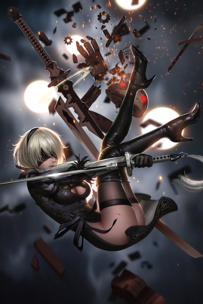 Anime picture 2667x4000 with nier nier:automata yorha no. 2 type b liang xing single tall image highres short hair breasts light erotic holding cleavage white hair realistic high heels puffy sleeves smoke side slit cleavage cutout falling