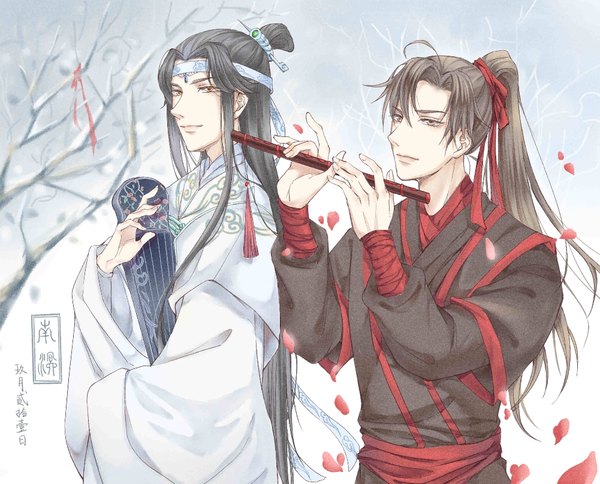 Anime picture 1001x809 with mo dao zu shi wei wuxian lan wangji 0 nan ming 0 long hair looking at viewer fringe black hair hair between eyes brown hair holding brown eyes upper body ponytail long sleeves traditional clothes light smile multiple boys turning head chinese clothes
