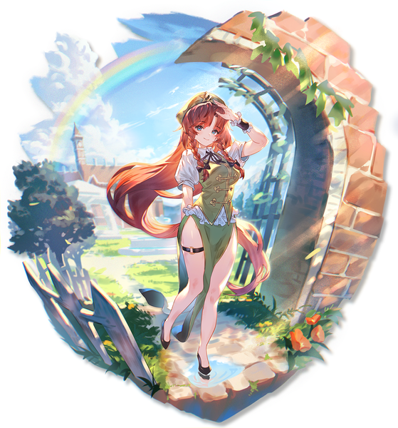 Anime picture 1215x1305 with touhou hong meiling uu uu zan single tall image looking at viewer blue eyes smile full body outdoors red hair braid (braids) very long hair traditional clothes arm up twin braids chinese clothes side slit girl thigh strap