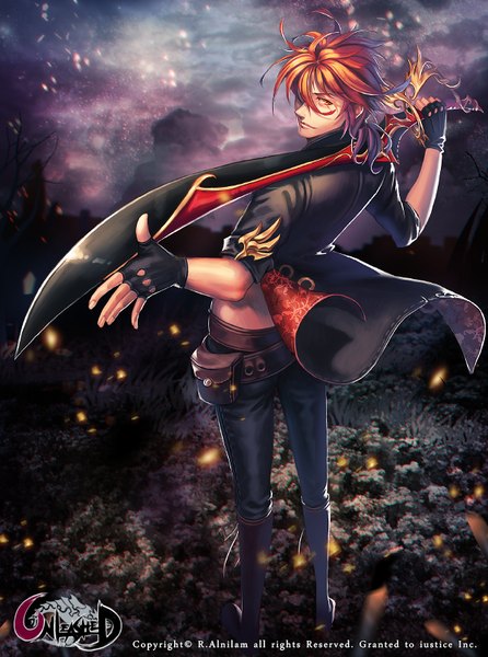 Anime picture 600x807 with unleashed r.alnilam single tall image looking at viewer fringe short hair yellow eyes looking back from behind orange hair boy gloves weapon sword belt fingerless gloves clothes fanny pack