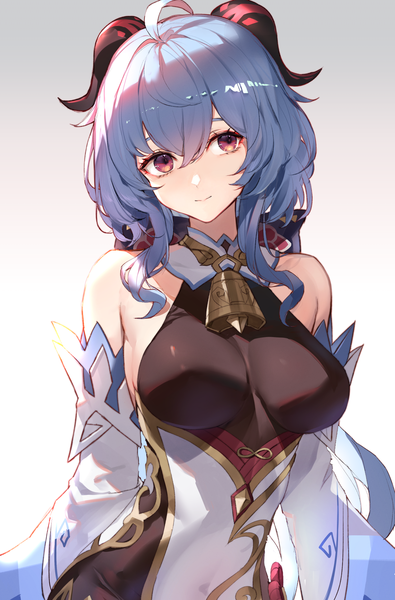Anime picture 1500x2280 with genshin impact ganyu (genshin impact) watao single long hair tall image looking at viewer fringe breasts light erotic simple background hair between eyes red eyes large breasts standing bare shoulders blue hair traditional clothes horn (horns) light smile