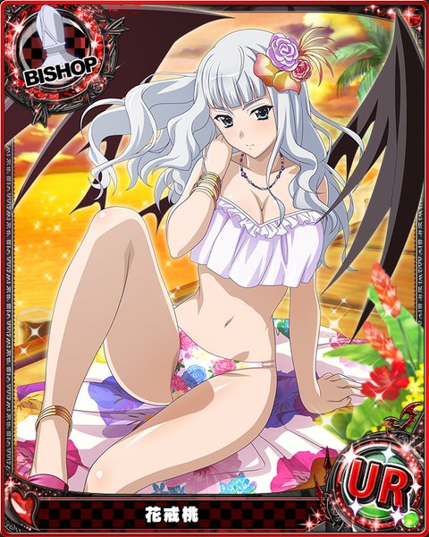 Anime picture 640x800 with highschool dxd hanakai momo single long hair tall image looking at viewer blue eyes light erotic white hair hair flower midriff card (medium) girl navel hair ornament flower (flowers) swimsuit bikini wings