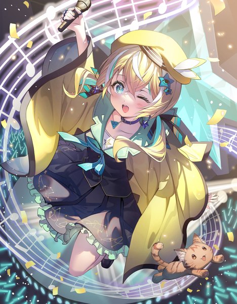 Anime picture 995x1275 with virtual youtuber shinengumi suzukaze shitora noir eku single long hair tall image blush open mouth blonde hair twintails full body one eye closed multicolored hair aqua eyes from above wink streaked hair low twintails ;d