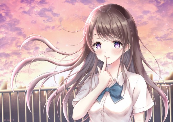 Anime picture 2026x1433 with original kirameki no hiroto single long hair looking at viewer blush highres open mouth smile brown hair purple eyes signed sky cloud (clouds) upper body ahoge outdoors wind blurry short sleeves