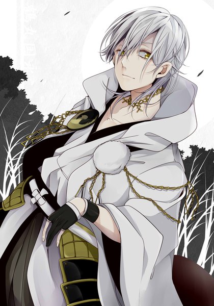 Anime picture 1400x2000 with touken ranbu nitroplus tsurumaru kuninaga chikage (artist) single tall image looking at viewer fringe short hair hair between eyes standing yellow eyes silver hair outdoors traditional clothes japanese clothes wide sleeves boy gloves black gloves