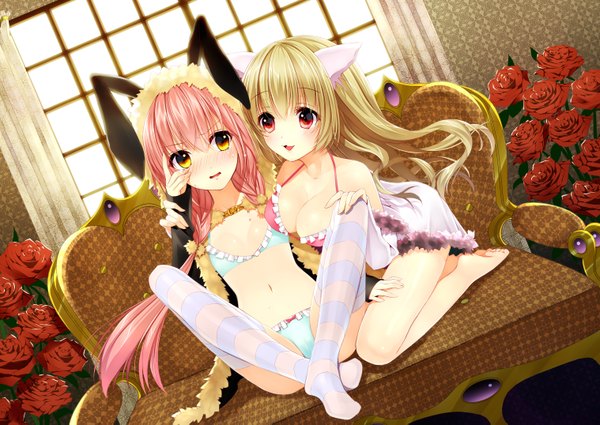 Anime picture 3035x2150 with original yadapot long hair highres breasts light erotic blonde hair red eyes sitting multiple girls animal ears yellow eyes pink hair absurdres underwear only girl thighhighs navel underwear panties