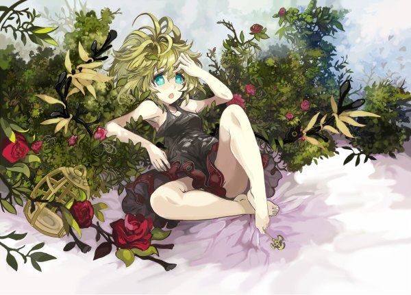 Anime picture 1200x862 with original ryuuri susuki (artist) single short hair blonde hair lying barefoot aqua eyes girl dress plant (plants) rose (roses) kage