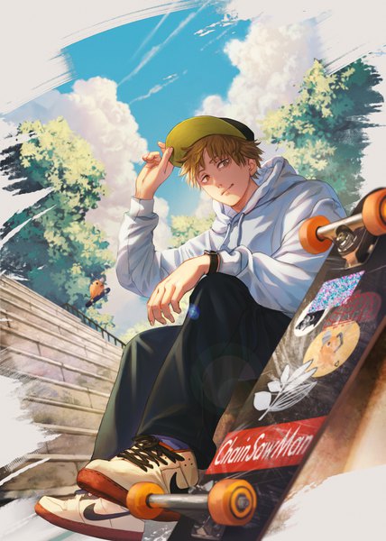 Anime picture 2122x2976 with chainsaw man mappa nike denji (chainsaw man) pochita (chainsaw man) champi single tall image looking at viewer highres short hair blonde hair sitting brown eyes outdoors adjusting hat brick wall boy hat shoes