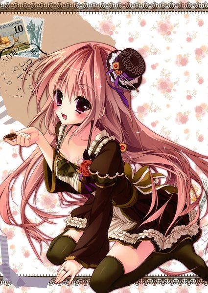 Anime picture 2479x3500 with prismatic world (artbook) shiramori yuse single long hair tall image blush highres open mouth purple eyes looking away pink hair scan girl thighhighs dress flower (flowers) black thighhighs hat frills mini hat