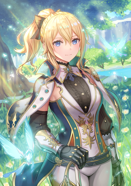 Anime picture 1910x2701 with genshin impact jean gunnhildr jean (gunnhildr's legacy) (genshin impact) anbe yoshirou single long hair tall image looking at viewer blush fringe highres breasts blue eyes blonde hair smile hair between eyes large breasts standing payot ponytail
