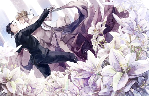 Anime picture 1490x960 with fate (series) fate/stay night fate/zero studio deen type-moon artoria pendragon (all) saber diarmuid ua duibhne (lancer) (fate) ringo (3141468) black hair blonde hair couple face to face dancing girl dress boy flower (flowers) suit lily (flower)