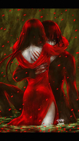 Anime picture 960x1700 with original mara (original character) morana (original character) nanfe long hair tall image short hair standing green eyes red hair couple hug letterboxed pale skin girl dress boy red dress scratch
