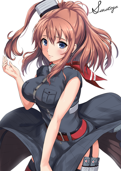 Anime picture 800x1131 with kantai collection saratoga (kantai collection) sakiyamama single long hair tall image looking at viewer blush fringe breasts blue eyes light erotic simple background hair between eyes brown hair large breasts standing white background payot sleeveless