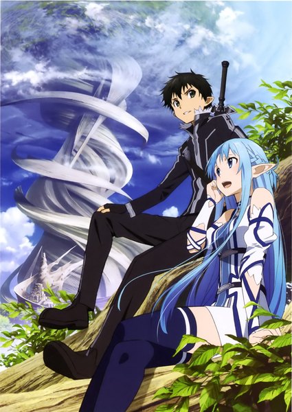 Anime picture 1603x2262 with sword art online a-1 pictures yuuki asuna kirigaya kazuto asuna (sao-alo) long hair tall image short hair open mouth blue eyes black hair sitting blue hair pointy ears black eyes scan official art girl thighhighs boy