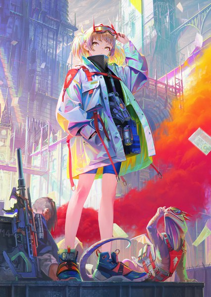 Anime-Bild 4098x5774 mit original arata yokoyama tall image fringe highres short hair blonde hair standing twintails yellow eyes looking away absurdres full body outdoors blunt bangs long sleeves arm up open jacket short twintails solo focus