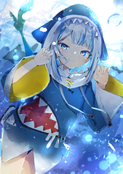 Anime picture 696x984 with virtual youtuber hololive hololive english gawr gura gawr gura (1st costume) nekopote single long hair tall image looking at viewer fringe blue eyes smile silver hair multicolored hair streaked hair underwater animal hood girl hood