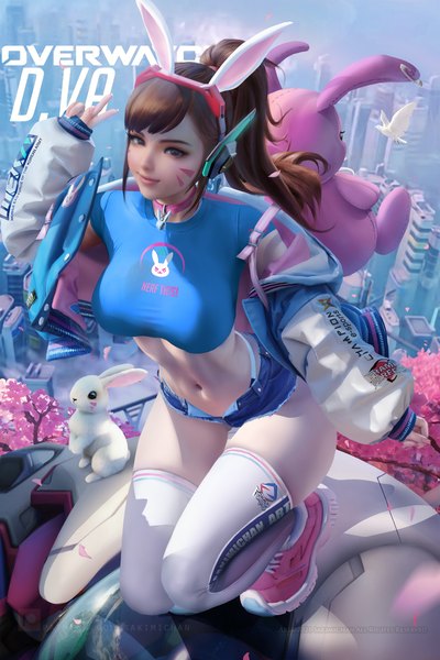 Anime-Bild 2333x3500 mit overwatch blizzard entertainment d.va (overwatch) sakimichan single long hair tall image looking at viewer fringe highres light erotic smile brown hair brown eyes animal ears payot bent knee (knees) outdoors ponytail long sleeves