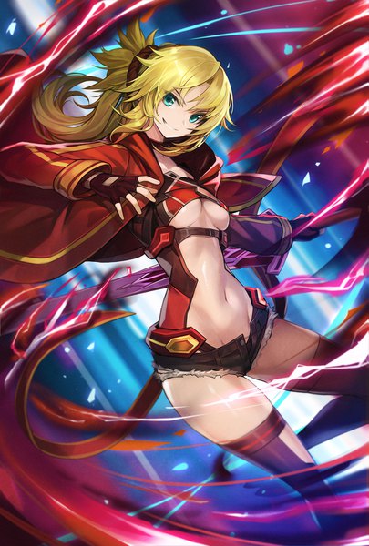 Anime picture 1183x1750 with fate (series) fate/grand order mordred (fate) goomrrat single long hair tall image looking at viewer fringe breasts light erotic blonde hair smile holding payot ponytail long sleeves head tilt aqua eyes open clothes