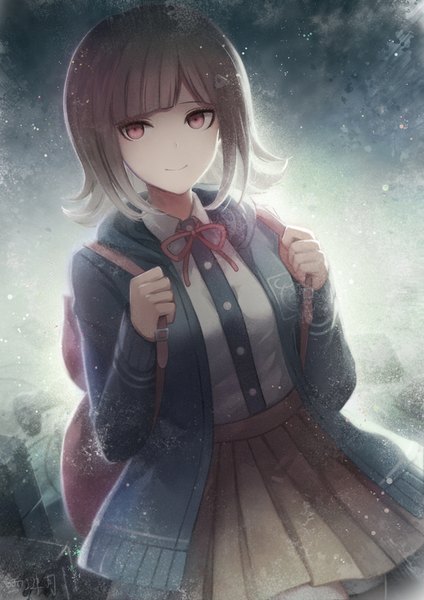 Anime picture 620x877 with dangan ronpa super dangan ronpa 2 nanami chiaki angel31424 single tall image looking at viewer fringe short hair smile brown hair holding signed long sleeves pleated skirt pink eyes arms up dutch angle watermark girl