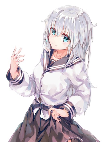 Anime picture 810x1080 with kantai collection hibiki destroyer verniy destroyer koomoi single long hair tall image looking at viewer fringe blue eyes simple background smile hair between eyes white background silver hair long sleeves pleated skirt arm up no hat skirt hold