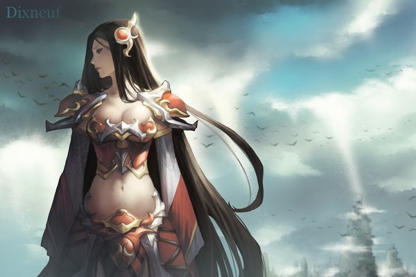 Anime picture 1920x1280 with league of legends irelia (league of legends) eirashard single highres breasts black hair signed looking away sky cleavage cloud (clouds) long sleeves very long hair black eyes midriff frown girl navel hair ornament