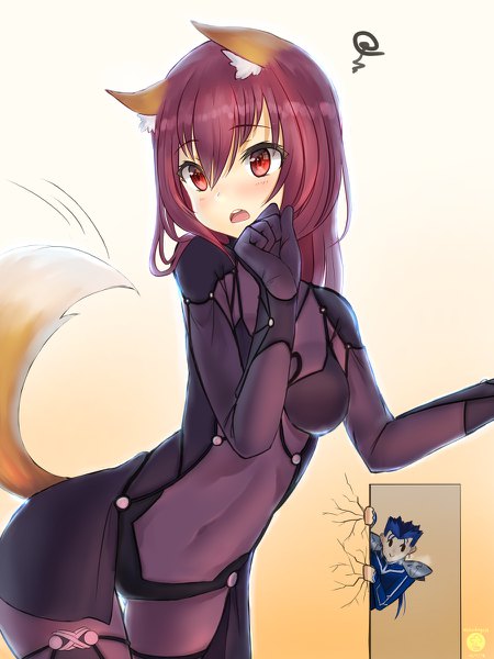 Anime picture 900x1200 with fate (series) fate/grand order fate/stay night scathach (fate) (all) scathach (fate) cu chulainn (fate) cu chulainn (fate/stay night) nekodayo22 tall image fringe light erotic simple background hair between eyes red eyes animal ears payot blue hair looking away purple hair tail