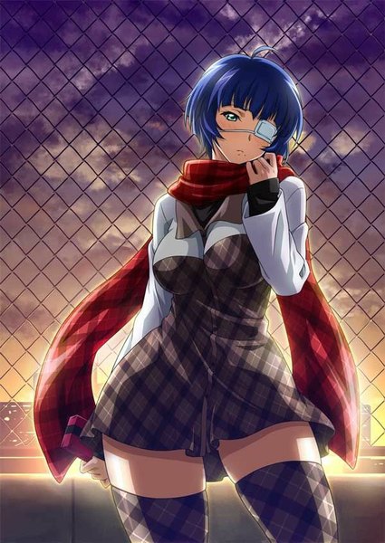 Anime picture 600x847 with ikkitousen ryomou shimei single tall image looking at viewer fringe short hair breasts large breasts standing green eyes blue hair sky cloud (clouds) ahoge outdoors lips zettai ryouiki girl thighhighs