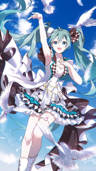 Anime picture 1575x2800 with project sekai vocaloid hatsune miku lengchan (fu626878068) single tall image fringe open mouth hair between eyes twintails sky cloud (clouds) ahoge very long hair :d arm up aqua eyes aqua hair hand on chest more more jump! (project sekai)