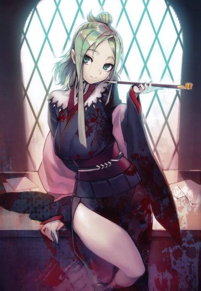 Anime picture 3500x5040 with original namaniku atk single long hair tall image looking at viewer highres green eyes absurdres traditional clothes japanese clothes green hair hair bun (hair buns) girl window kimono obi paper pipe kiseru